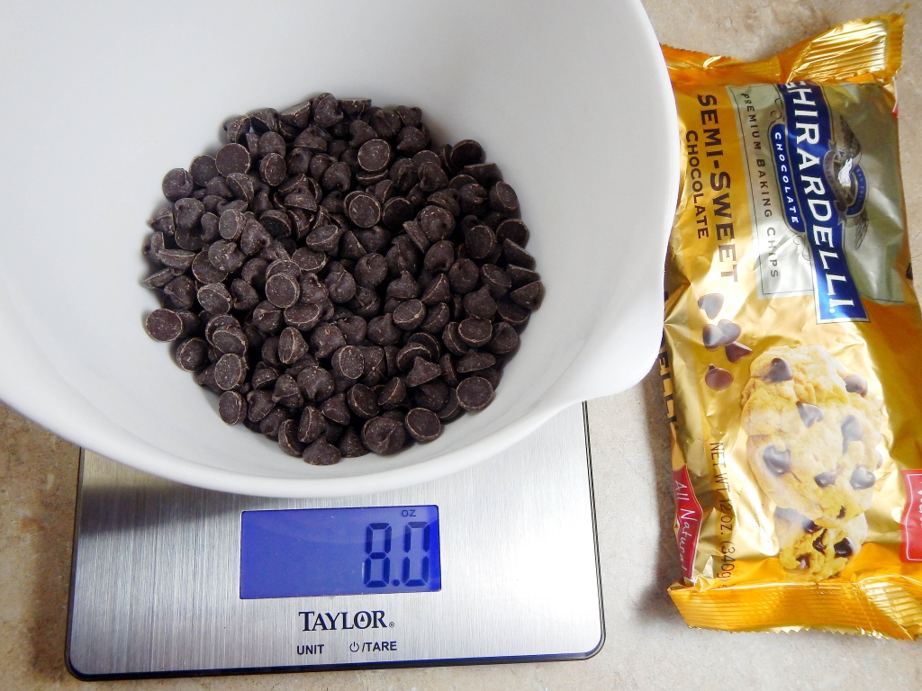 weighing chocolate chips