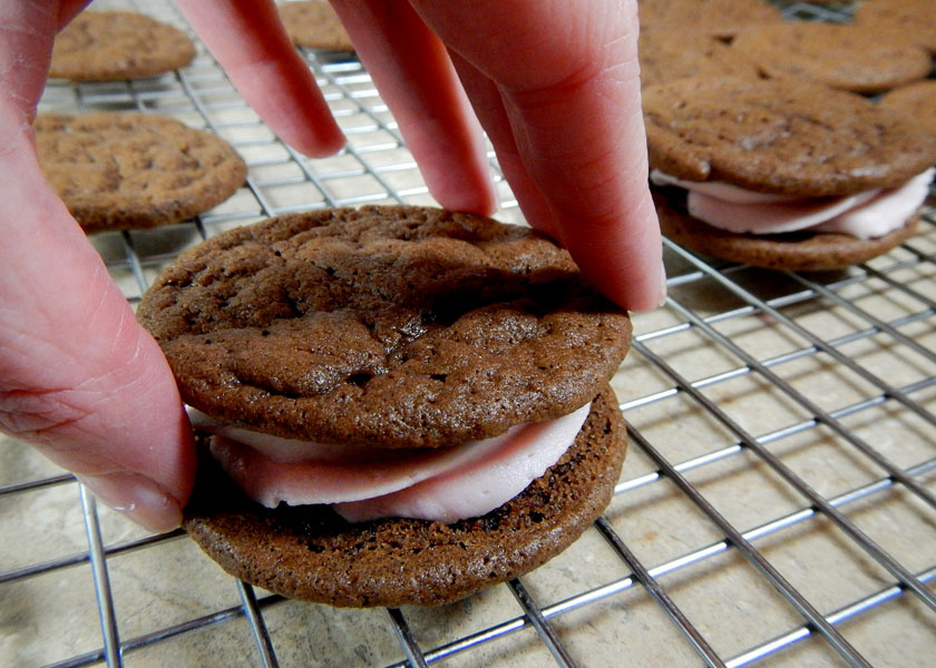 Hand Making Chocolate Raspberry Sandwich Cookie 