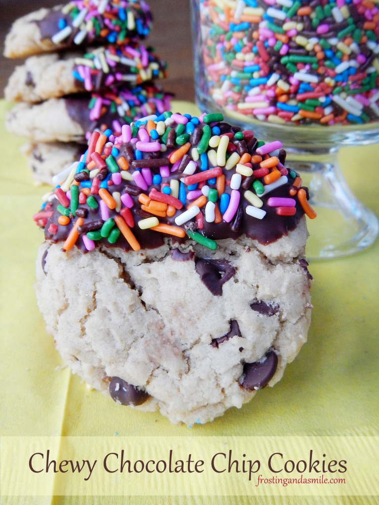 chocolate chip cookies dipped in chocolate with sprinkles